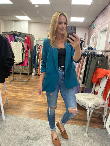 Ava Teal Blue Blazer Ruched Sleeve Size 8-16