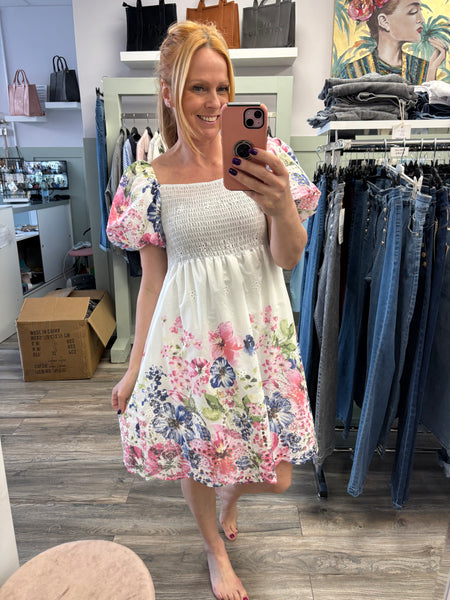 Daisy Floral Print Puff Sleeve Dress Fits 8-16