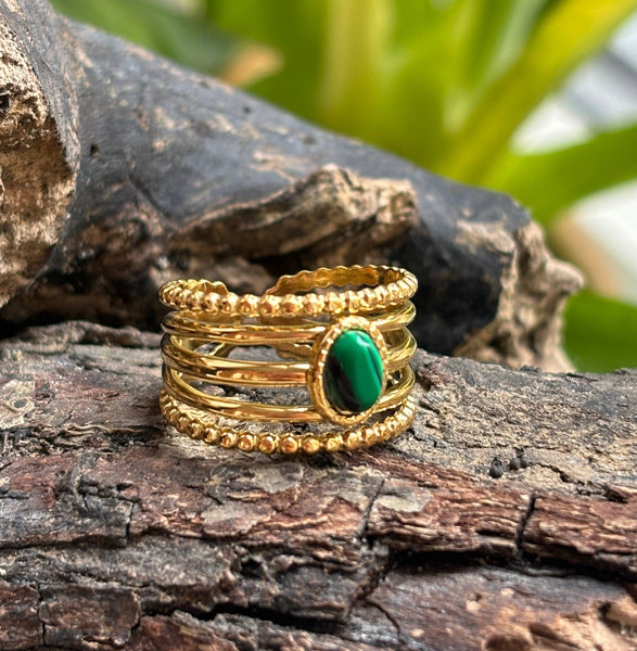 18ct Gold Plated Malachite Multi Band Adjustable Ring